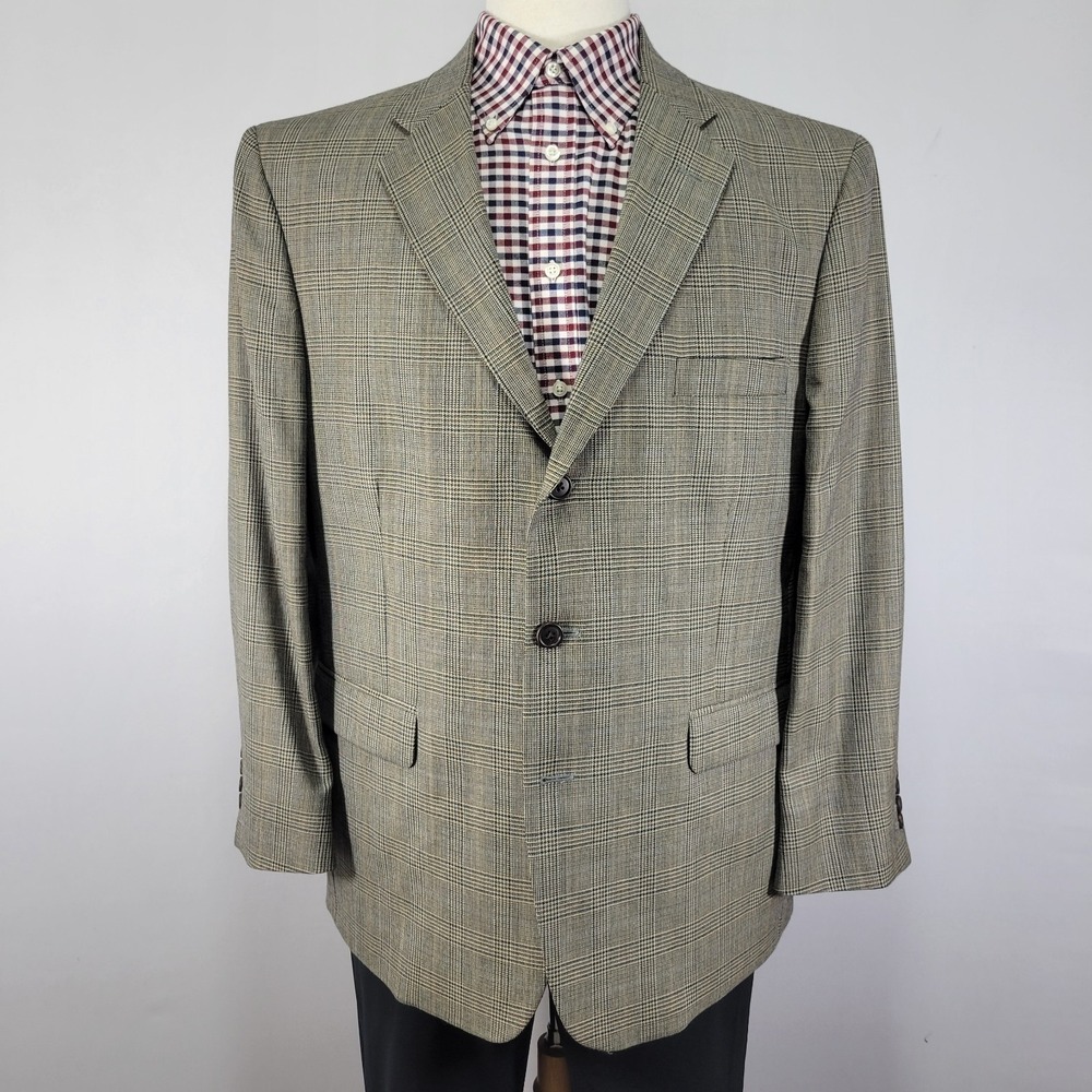 Stafford Executive Mens Sport Coat Blazer Three Button Plaid Flannel Wool Sz 44S